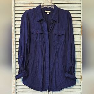 DB ESTABLISHED 1962 BUTTON UP SHIRT Womens S Blue Long Sleeve Roll Tab Rayon Top